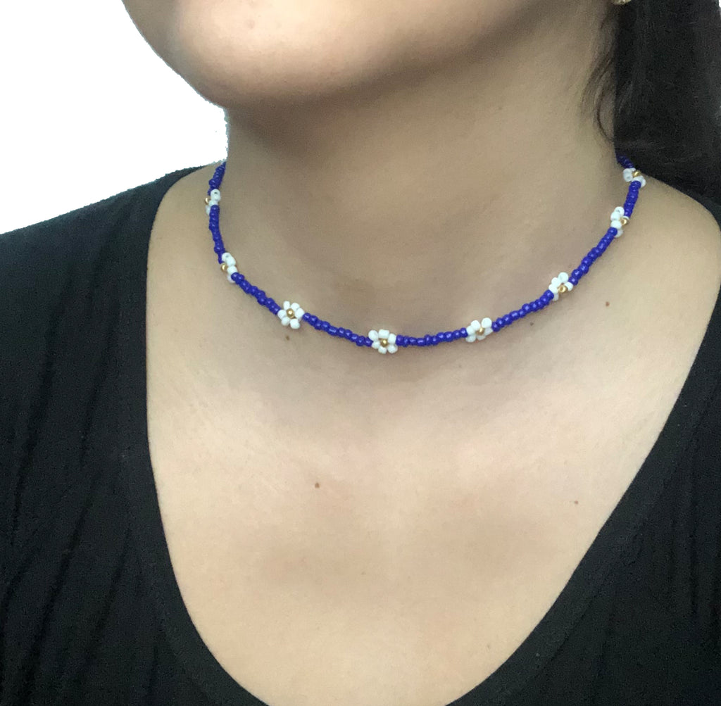 Beaded Flower Choker Necklace | Navy-White-Gold
