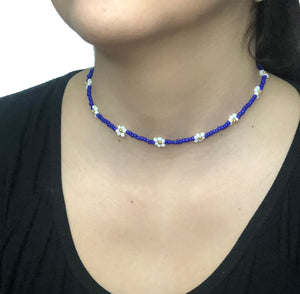 Beaded Flower Choker Necklace | Navy-White-Gold