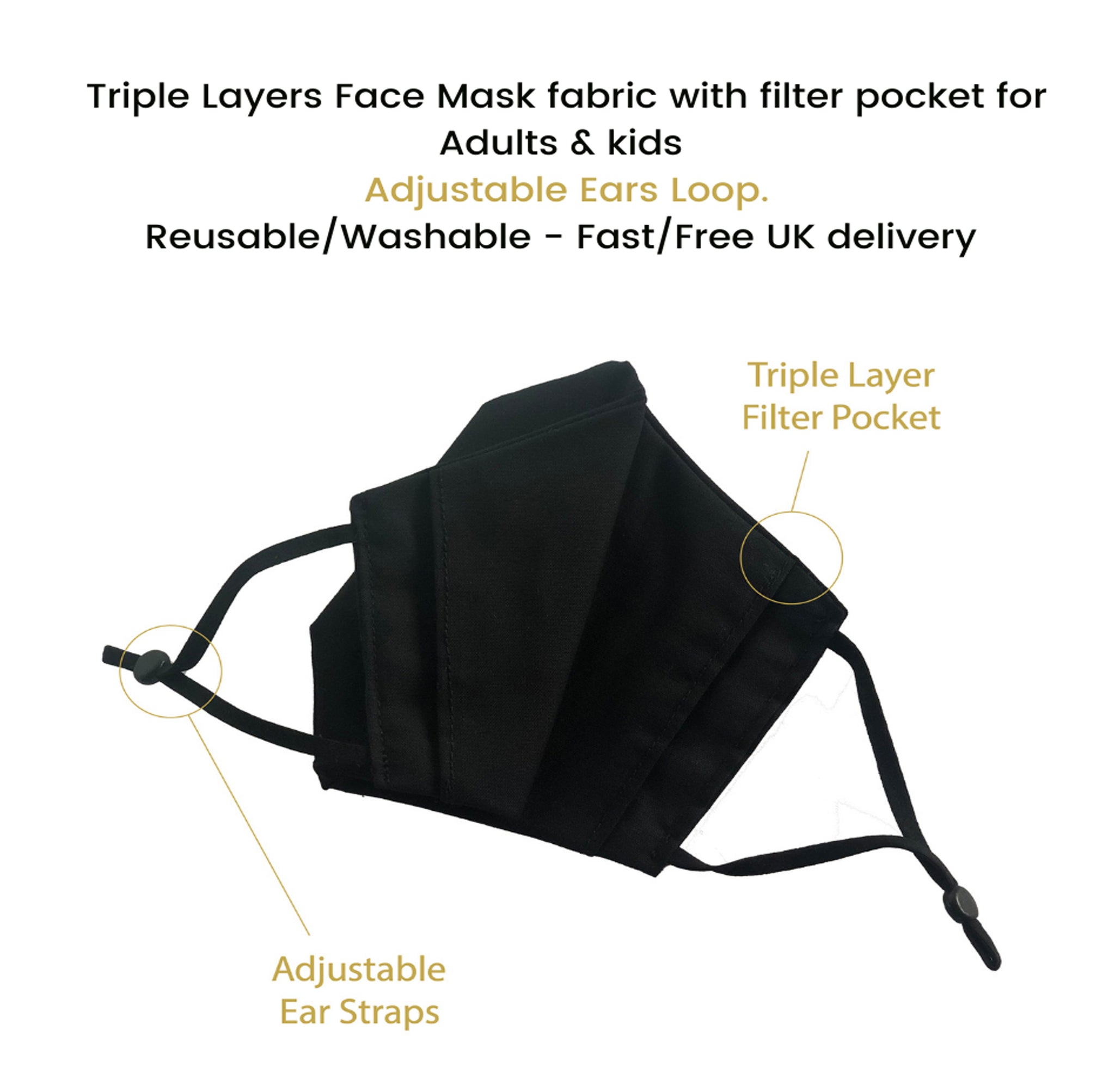 Black Face Mask 3 layers fabric