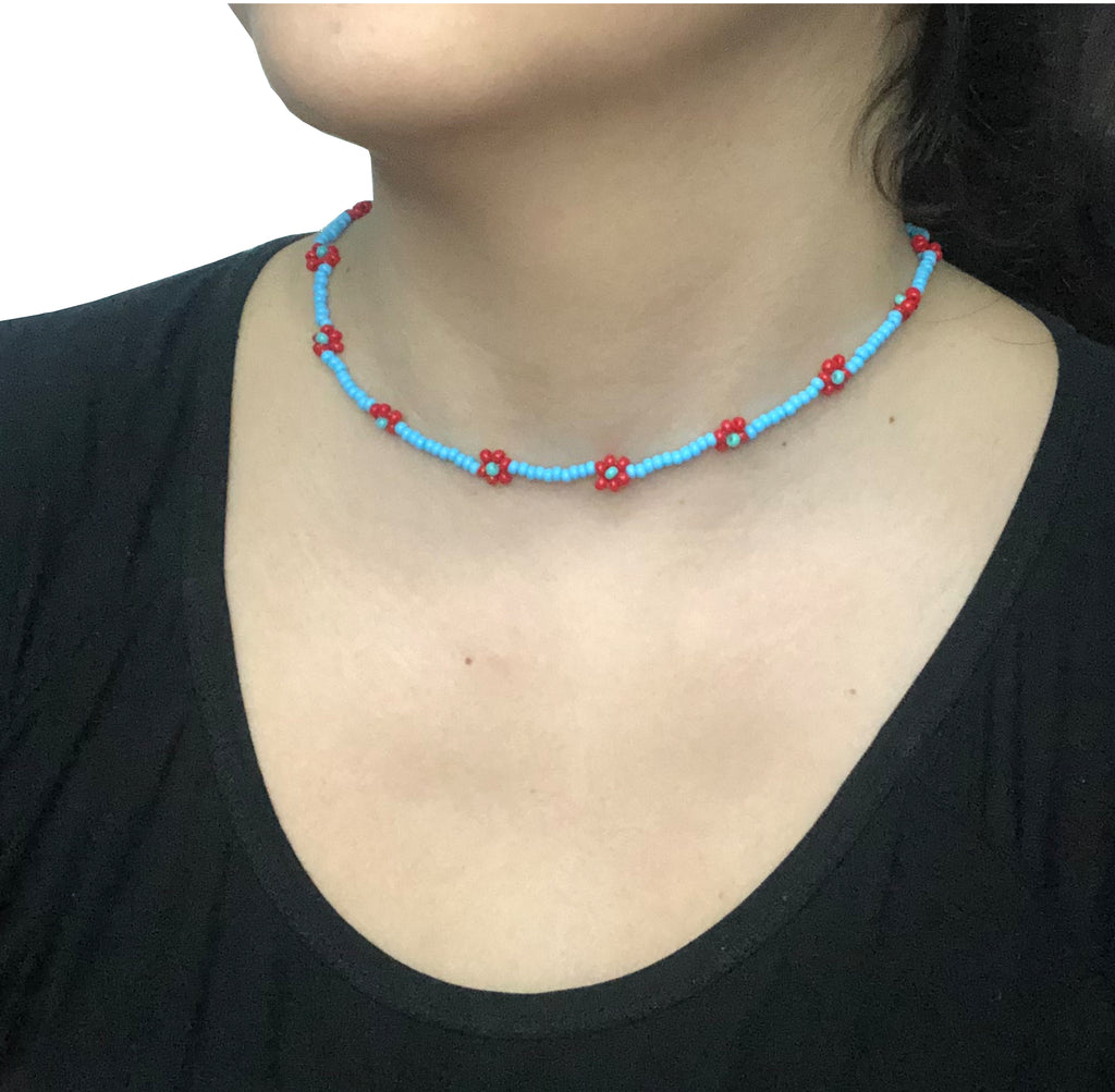 Beaded Flower Choker Necklace | Blue-Red
