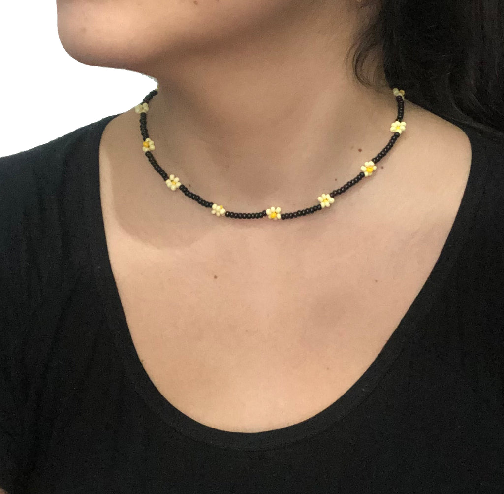 Beaded Flower Choker Necklace | Black-Yellow