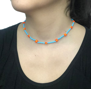 Beaded Flower Choker Necklace | Blue-Orange-Yellow