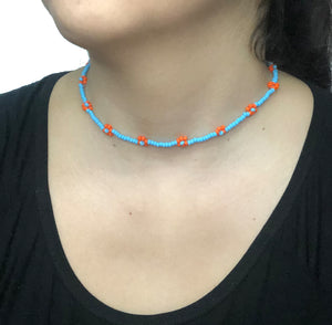 Beaded Flower Choker Necklace | Blue-Orange