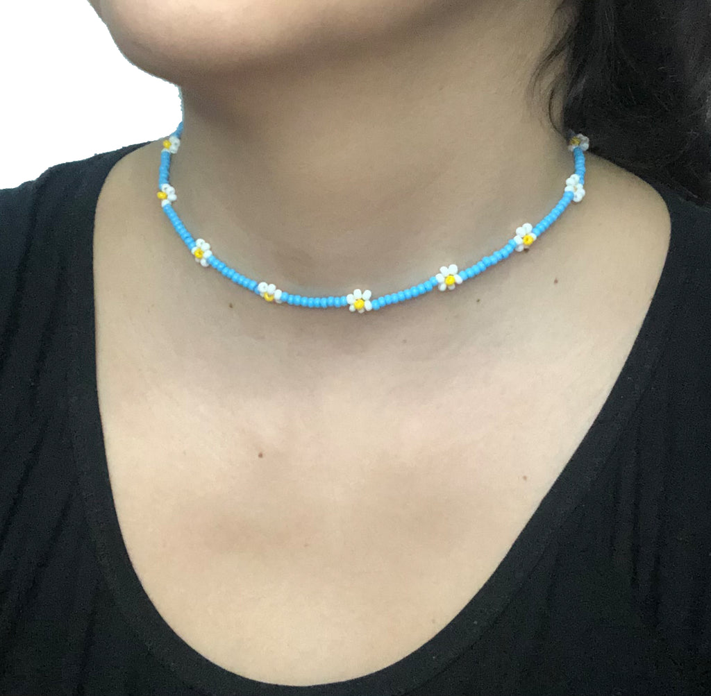 Beaded Flower Choker Necklace | Blue-White-Yellow