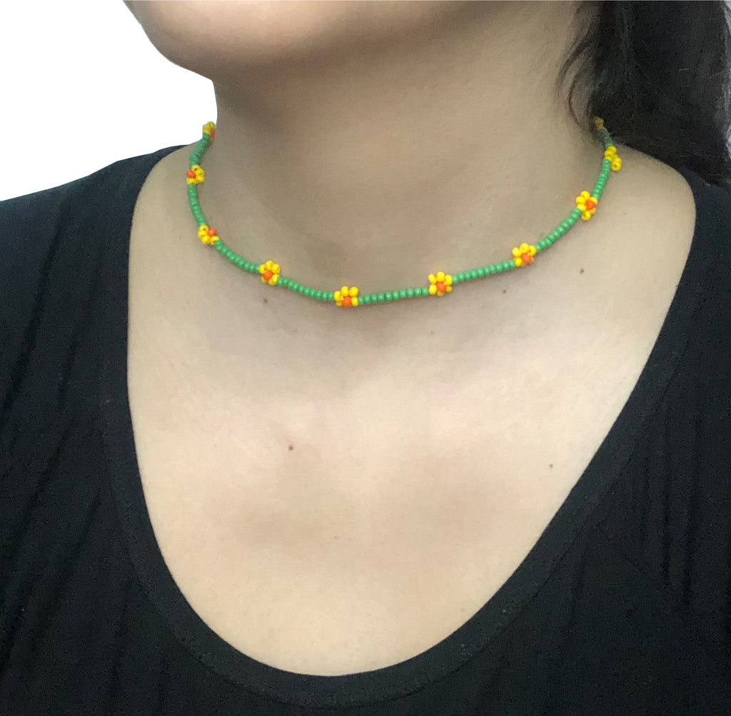 Beaded Flower Choker Necklace | Green-Yellow-Orange