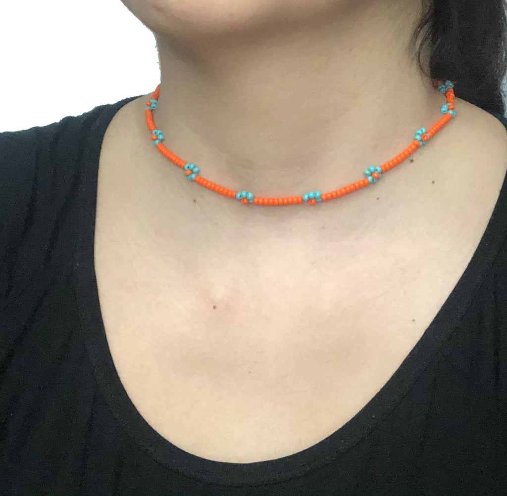 Beaded Flower Choker Necklace | Orange-Turquoise