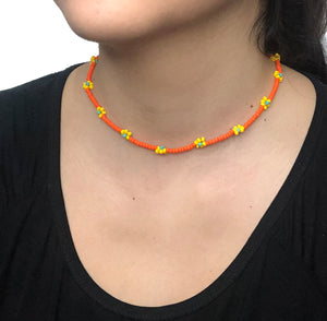 Beaded Flower Choker Necklace | Orange-Yellow-Turquoise