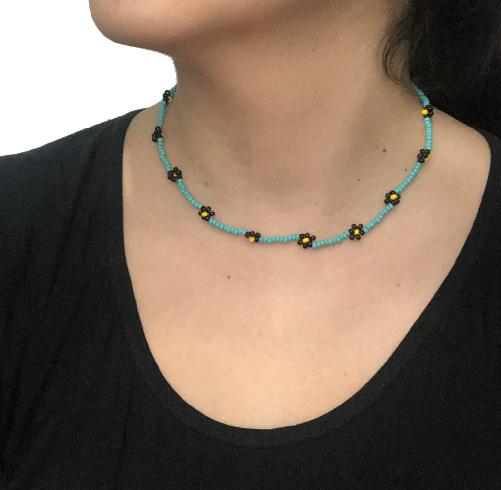 Beaded Flower Choker Necklace | Turquoise-Black-Yellow