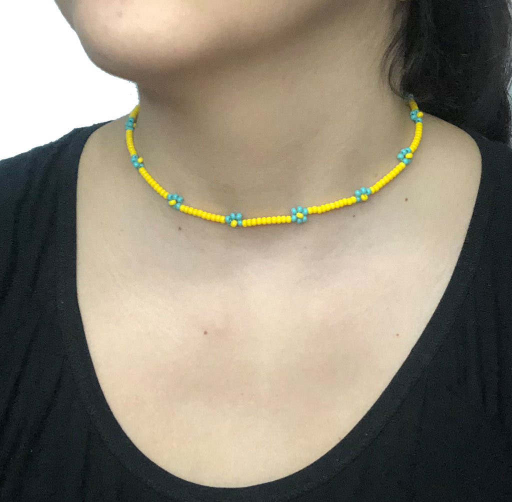 Beaded Flower Choker Necklace | Yellow-Turquoise